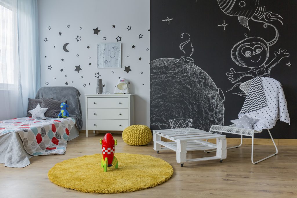 Boy astronaut room interior with cosmical toys bedroom kids