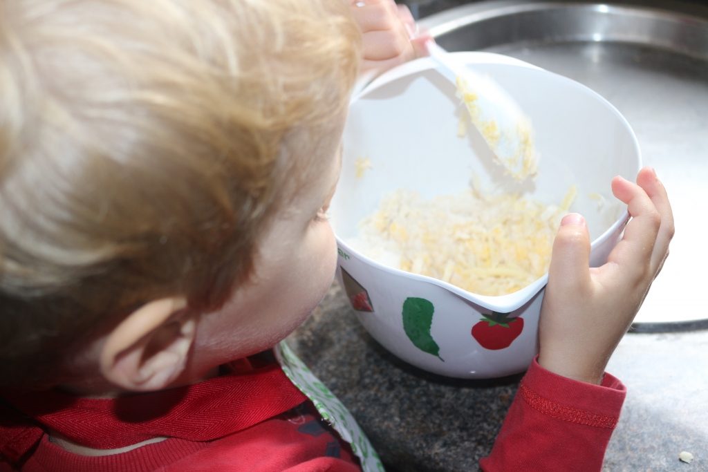 Mixing the really easy cheesy biscuits kids recipe - cheese biscuit recipe