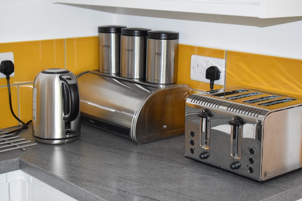 Tea and toast station with Brabantia bread bin and Russell Hobbs appliances