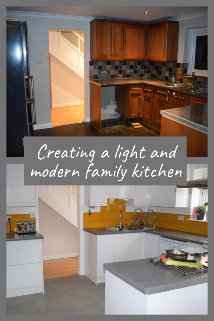 Creating a light, modern family kitchen in white and grey with yellow/mustard/ochre tiles.