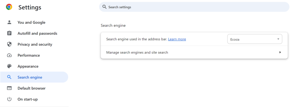 For an alternative search engine, you can try Duck Duck Go, or Ecosia instead. For every search on Ecosia, they plant a tree which is nice. YOU DON'T DO THAT, DO YOU GOOGLE? You can do this easily in the settings menu of your Chrome browser.