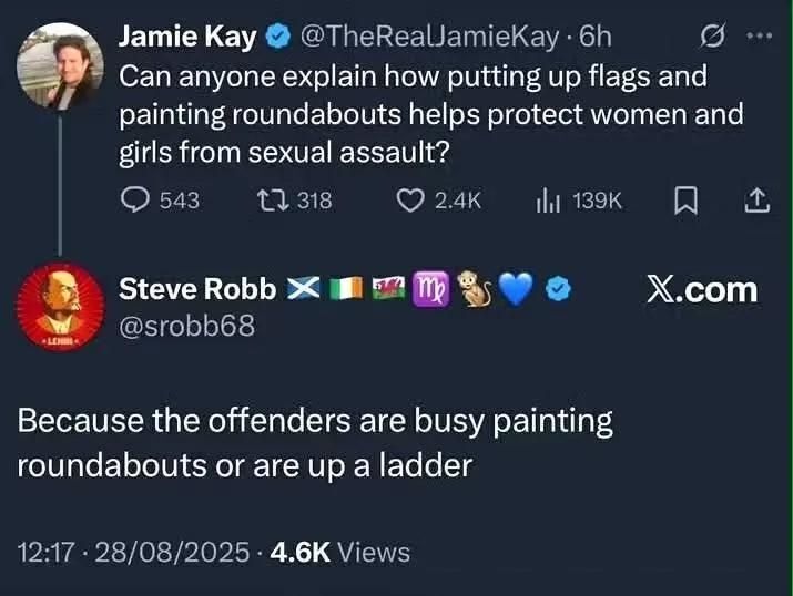 Can anyone explain how putting up flads and painting roundabouts helps protect women and girls from sexual assault? Because the offenders are busy painting roundabouts or are up a ladder.
